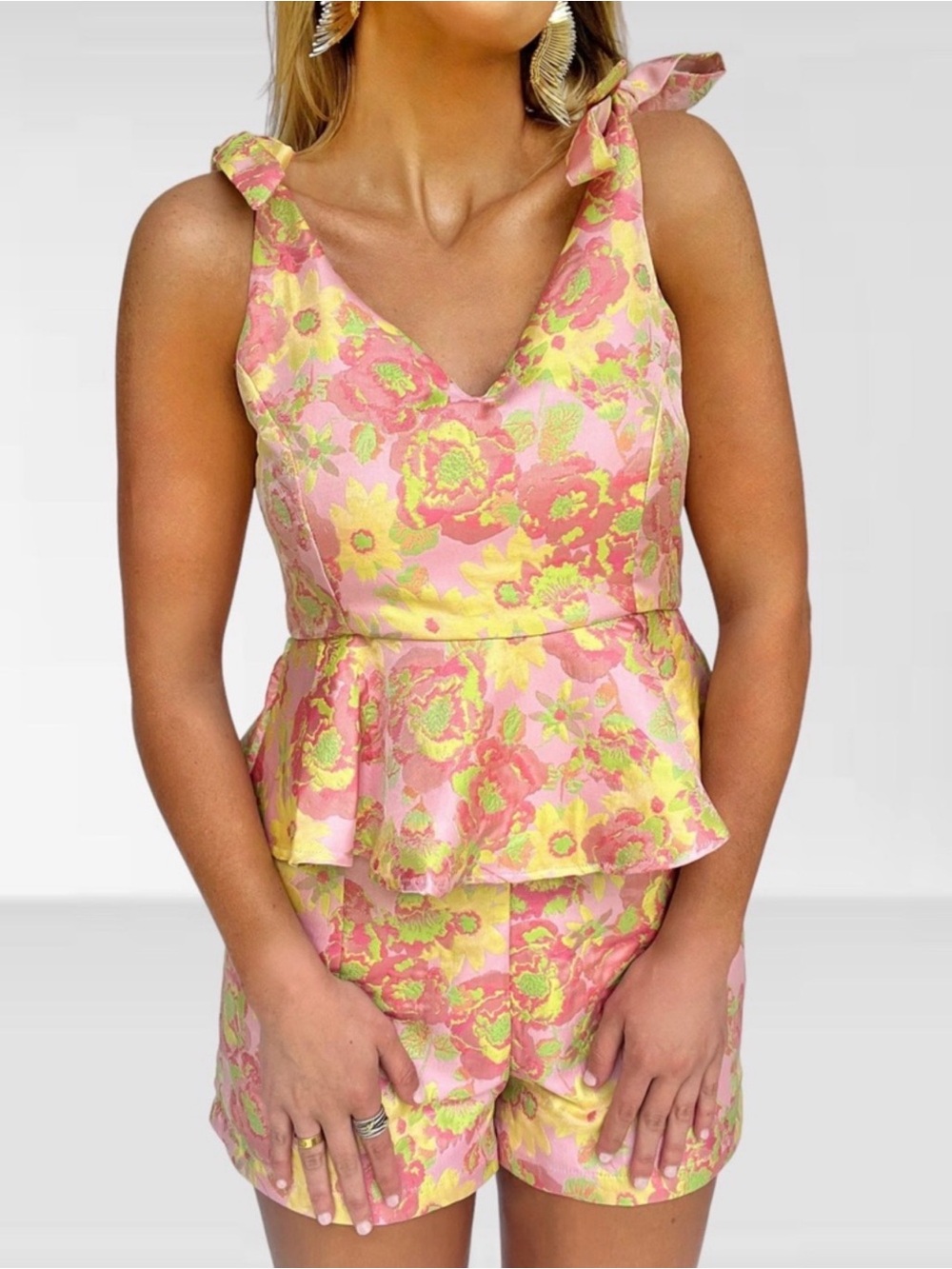 TCEC Pink & Yellow Floral Tie-Shoulder Peplum Romper